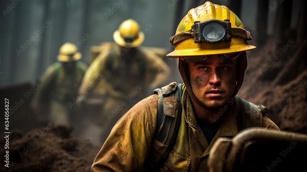 A firefighter takes a break from clearing a path through a burning forest, industrial machinery stock photos