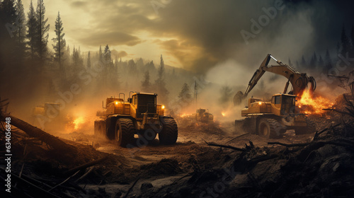 A fleet of bulldozers plow through a burning forest  industrial machinery stock photos