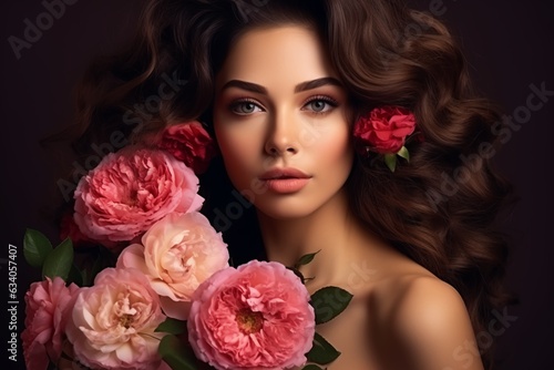 Beautiful white girl with flowers. Stunning brunette girl with big bouquet flowers of roses. Closeup face of young beautiful woman with a healthy clean skin. Pretty woman with bright makeup © Mateusz