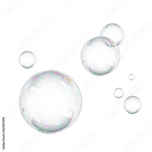 3D Soap bubble floating on white background. Water foam bubbles with rainbow colors. Realistic iridescent ball. Soap transparent balloon. 3D Rendering