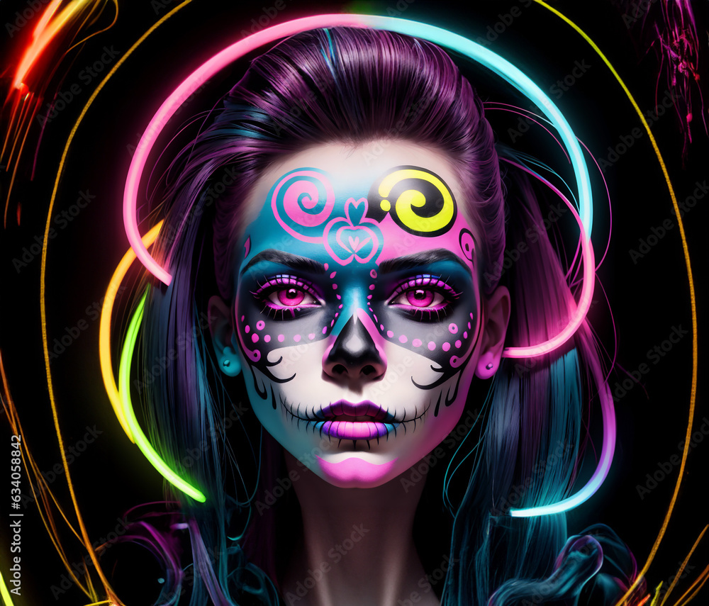 Neon skull makeup. Halloween party, traditional Mexican carnival, Santa Muerte. Beautiful young woman costume, painted face. Dia de muertos.