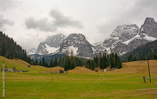 The early spring landscape around the Alpine village of Cima Sappada in Carnia, Udine Province, Friuli-Venezia Giulia, north east Italy