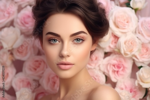 Beautiful white girl with flowers. Stunning brunette girl with big bouquet flowers of roses. Closeup face of young beautiful woman with a healthy clean skin. Pretty woman with bright makeup © Mateusz