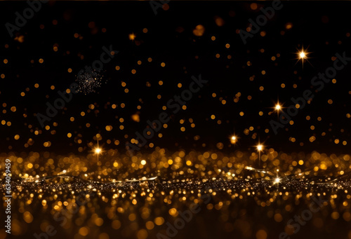 Shiny glitter abstract background with Golden lights on Black dark orange brown colors. AI Generative