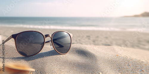 Sunglasses on the sand at the beach with sea background.