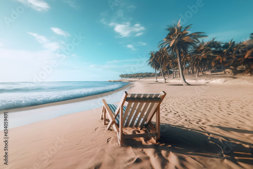 Wooden deck chair on the beach with palm trees in the background
