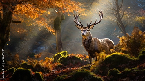 beautiful antler stag walking along river in forest  Generative Ai