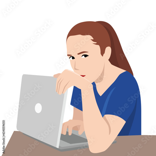 Woman is worried about privacy of data on internet and hides laptop screen while entering password. Taking care of security using internet and maintaining confidentiality to avoid information leakage.