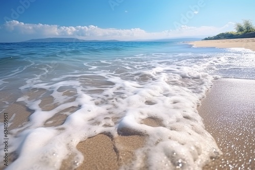 Beautiful sandy beach and waves of the Mediterranean. Beautiful seascape with wave splashing on sandy beach.