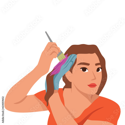 Smiling woman dying hair at home. Happy female do beauty procedures brush paint hair by herself.