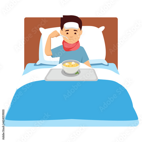 Illustration of a Sick Kid Boy Eating a Bowl of Food in Bed.