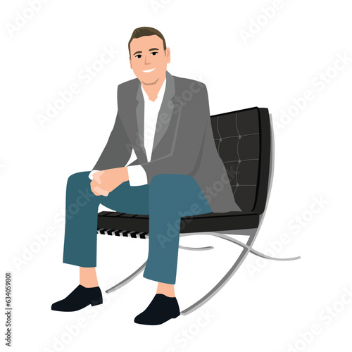Businessman sitting calmly on a casters chair legs crossed and hands behind head. Business boss man resting in a calm pose.
