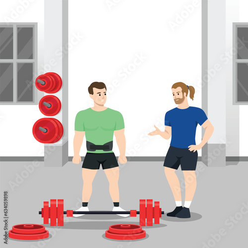 Coach training male client making squat with barbell vector flat illustration. Athletic personal trainer and man performing physical exercise at gym.