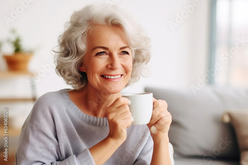 Elegant Senior Woman Embracing Serenity with Coffee on Sofa
