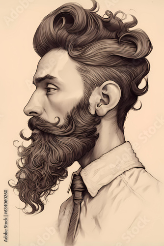 Handsome bearded manly man portrait illustration,AI