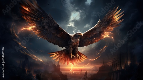 illustration of big eagle with flame on wing fly in dark cloud storm sky, Generative Ai