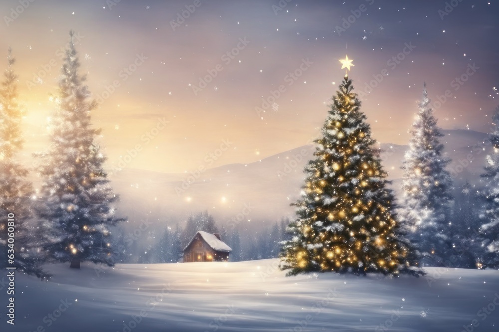 concept art of outdoor christmas background with christmas tree with copy space. Christmas and new year concept. Christmas tree decorations