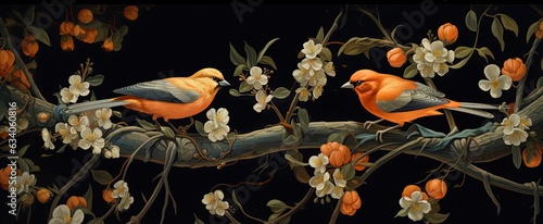 painting style illustration wallpaper of bird on blossom tree branch with flower blossom in orange and green vintage tone color, Generative Ai