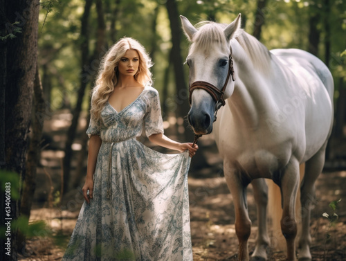 a young blonde woman in a long dress, with a white horse, in a fabulous forest © Anastasiya
