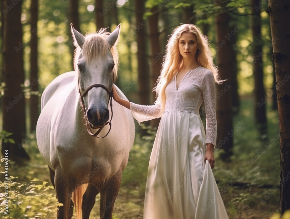 Fototapeta premium a young blonde woman in a long white dress, with a white horse, in a fabulous forest