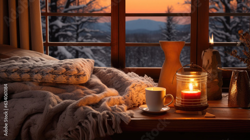 Cozy Winter Scene with fireplace and hot cocoa and winter related things 