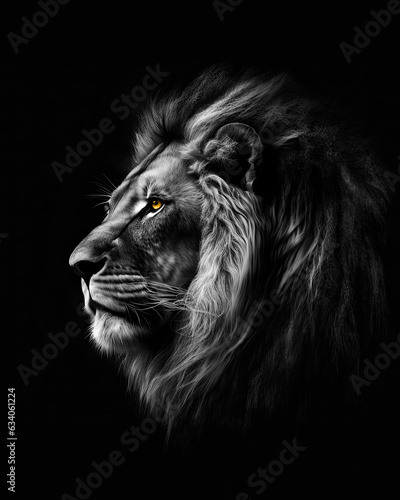 Generated photorealistic image of a majestic African lion in profile against a black background in black and white format