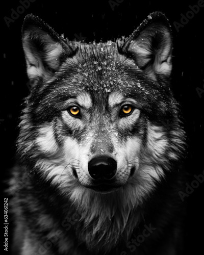 Generated photorealistic image of a severe forest gray wolf with snow on his coat in black and white format