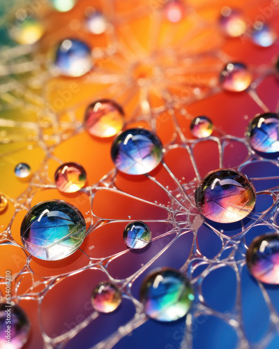Generated photorealistic image of large raindrops on a web against a multi-colored background