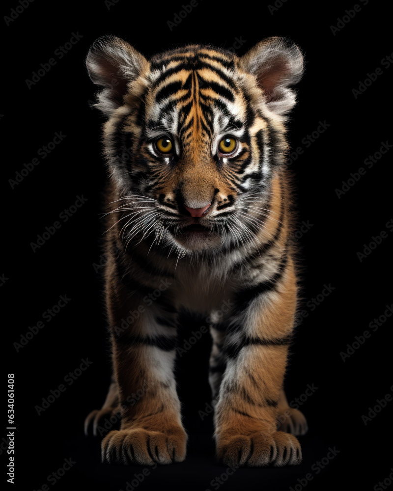 Generated photorealistic image of a small wild tiger cub in full growth on a black background