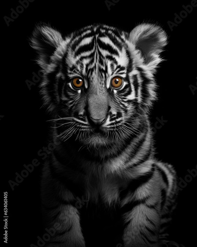 Generated photorealistic image of a small wild tiger cub on a black background in black and white format