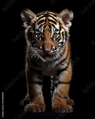 Generated photorealistic image of a small wild tiger cub in full growth on a black background