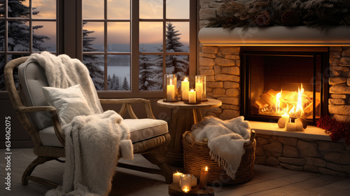 Cozy Winter Scene with fireplace and hot cocoa and winter related things 