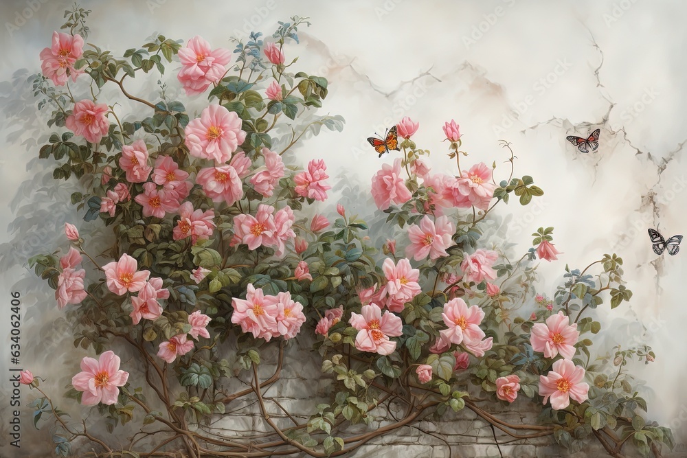 beautiful background wallpaper of ancient old castle wall with pink flower vine grow on it, Generative Ai