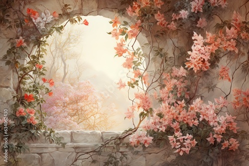 beautiful background wallpaper of ancient old castle wall with pink flower vine grow on it, Generative Ai
