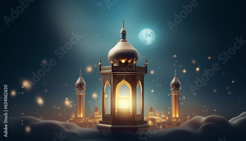 3D rendered Beautiful Islamic background with mosque and lanterns template - ai generative