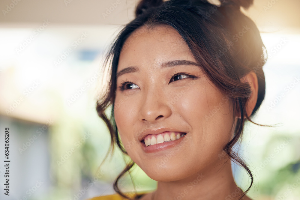 Thinking, smile and an Asian woman in a house to relax with an idea, comfort and peace. Morning, young and face of a girl or person with happiness, confidence and a break in a home or apartment Thinking, smile and an Asian woman in a house to relax with an idea, comfort and peace. Morning, young and face of a girl or person with happiness, confidence and a break in a home or apartment