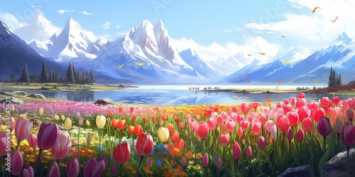 painting style illustration of beautiful tulips flower field blossom beside beautiful lake and snowy mountain, spring morning light nature landscape, Generative Ai
