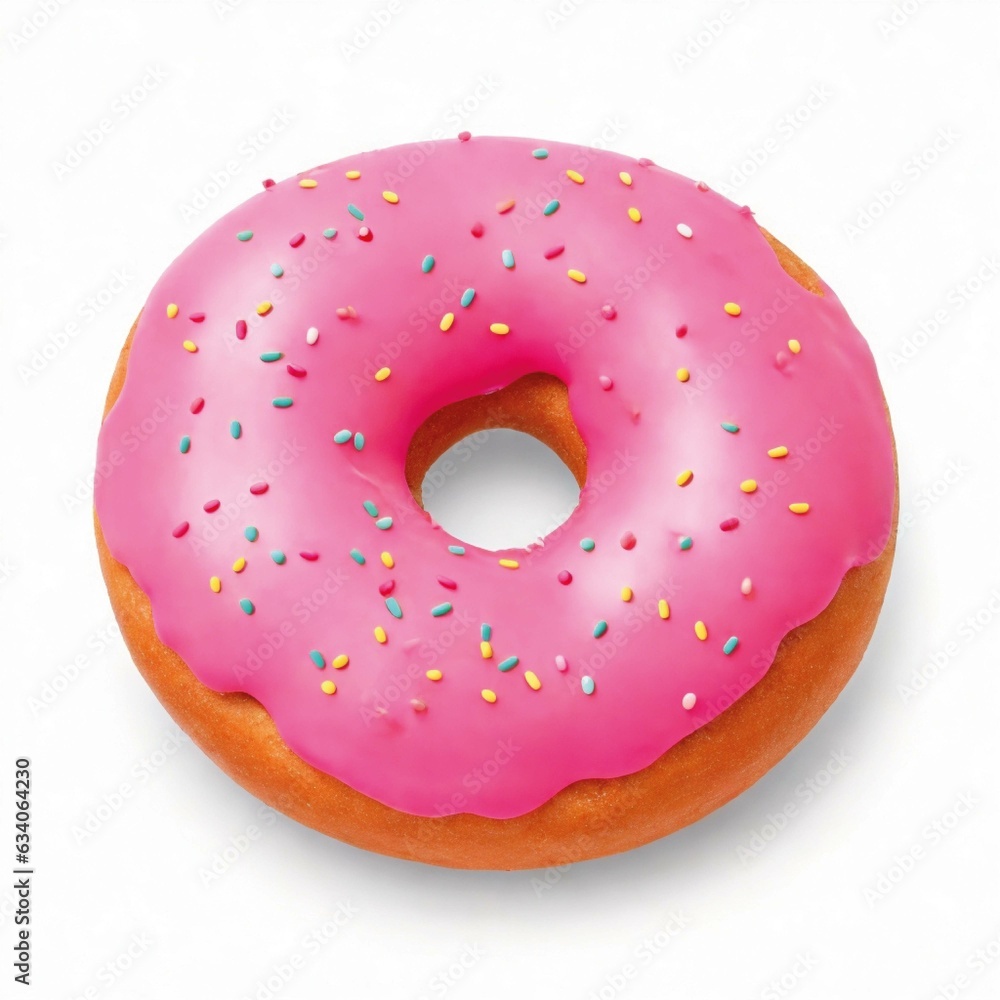 Pink donut with sprinkles isolated on white background. Created with AI. Pink donut with sprinkles isolated on white background. Created with AI.