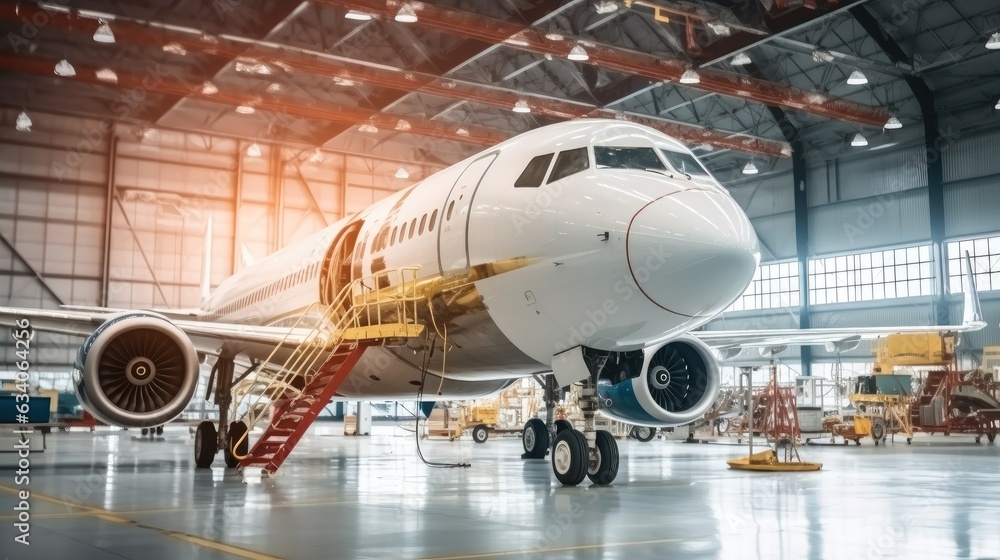 Passenger aircraft on maintenance of engine and fuselage repair in airport hangar. Passenger aircraft on maintenance of engine and fuselage repair in airport hangar.