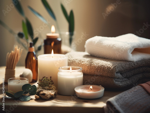 A soothing  abstract flat lay of a spa setup  scented candles  essential oils  face mask  and towels  Zen - like ambiance  soft  diffused light