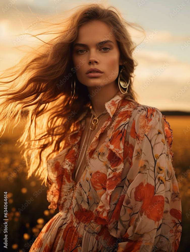 Φωτογραφία Abstract fashion, female model in bohemian style outfit, bold jewelry, flowy dre