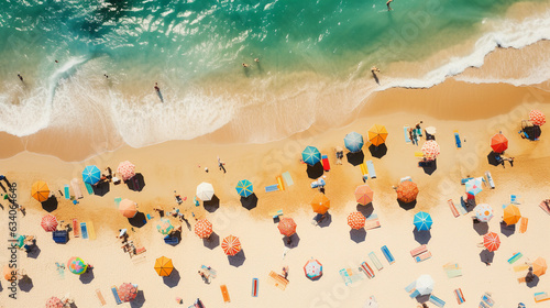 Aerial view of a bohemian beach, abstract, colorful umbrellas, picnics, people in vintage swimsuits, bold patterns, golden sand, teal water