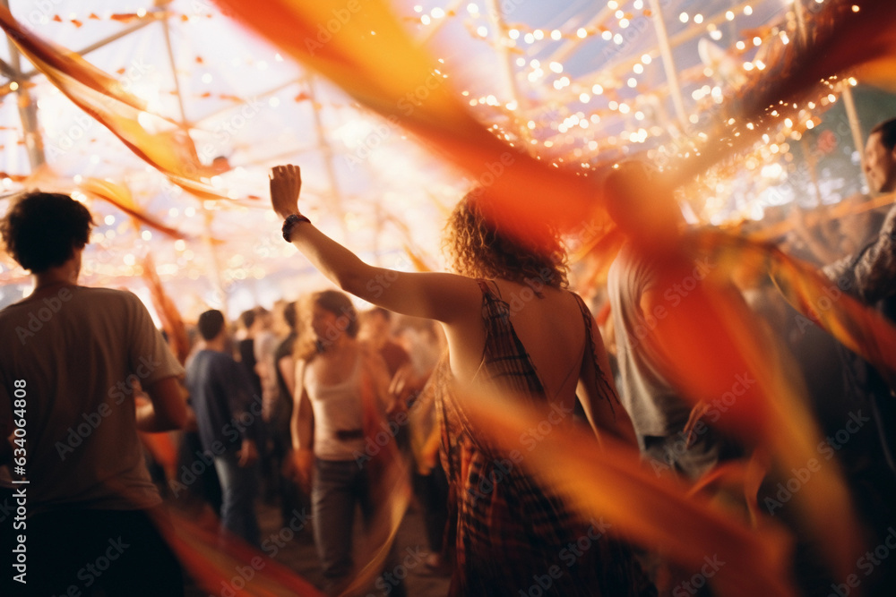 Φωτογραφία Bohemian festival, abstract, crowd of dancing people, warm colors, hand - painte