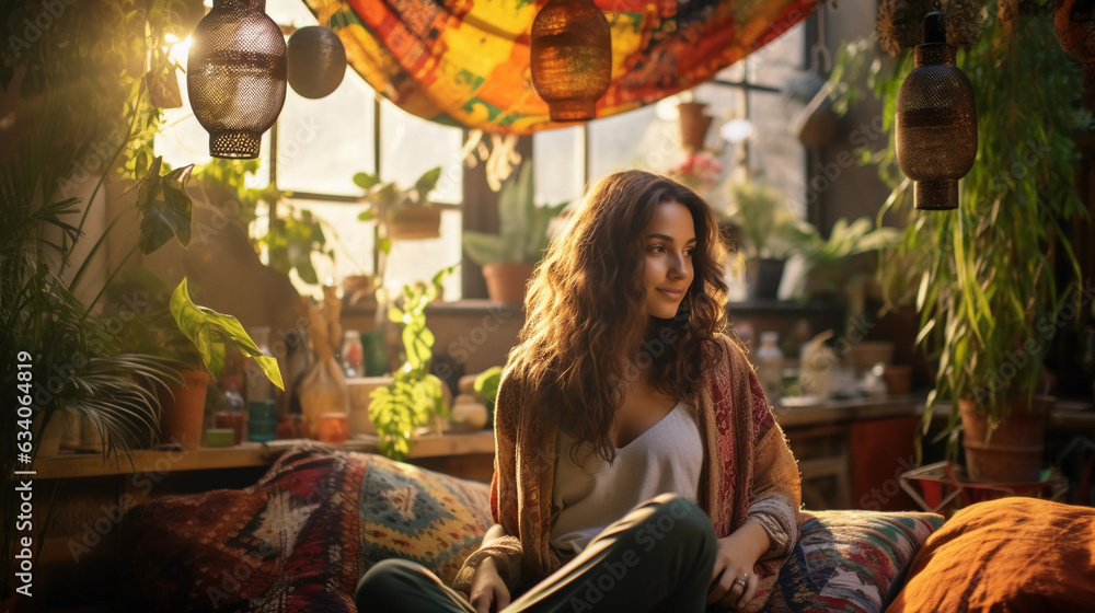 Bohemian lifestyle, a relaxed woman in her mid - 30s lounging on a Persian rug, surrounded by vibrant tapestries and plants, soft daylight filtering in, natural, earthy colors