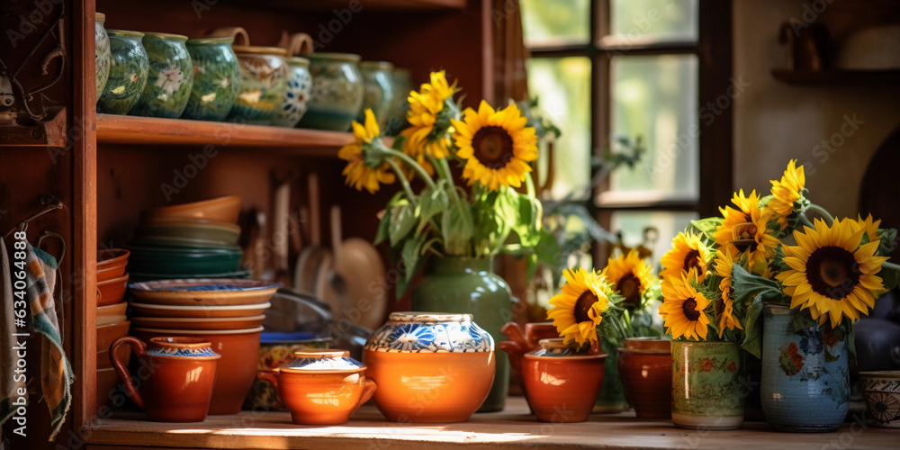 Bohemian style kitchen, rustic wooden furniture, open shelving with colorful dishes, copper pots, sunflowers in a vase, warm and inviting