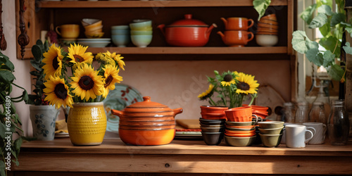 Bohemian style kitchen  rustic wooden furniture  open shelving with colorful dishes  copper pots  sunflowers in a vase  warm and inviting