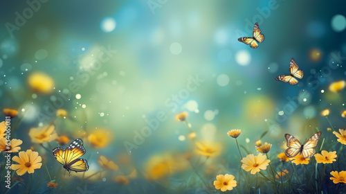 Flower field with fluttering butterflies. Generative Ai.  © PETR BABKIN