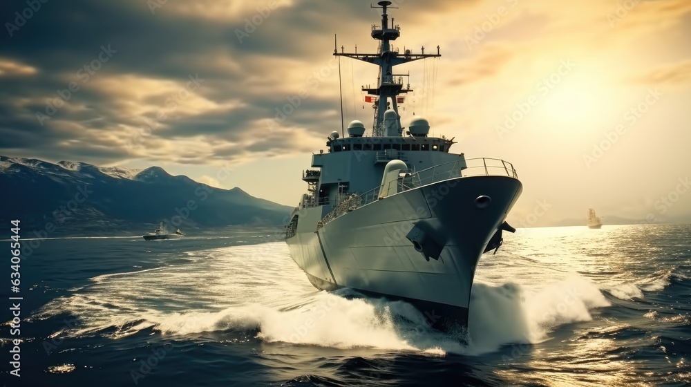 A warship frigate, Military vessel at sea. A warship frigate, Military vessel at sea.