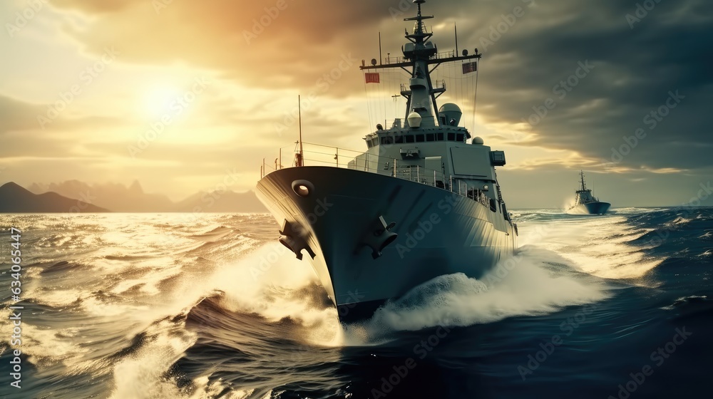 A warship frigate, Military vessel at sea. A warship frigate, Military vessel at sea.