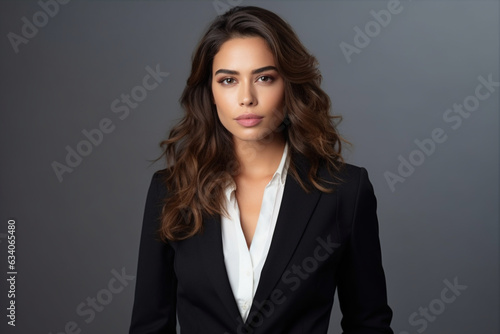 Beautiful CEO Business Woman in Black Suit and Shirt on Dark Background
